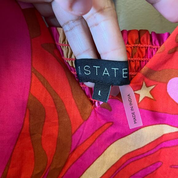 1.State Pink & Orange Puff Sleeve Tiered Maxi Dress 100% Cotton Summer Large New - Picture 4 of 7